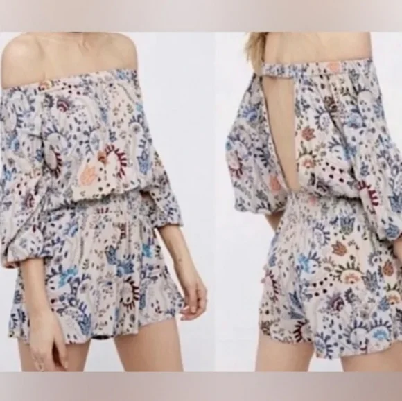 Free People "Pretty and Free" off the shoulder floral romper, size xs - Picture 2 of 10